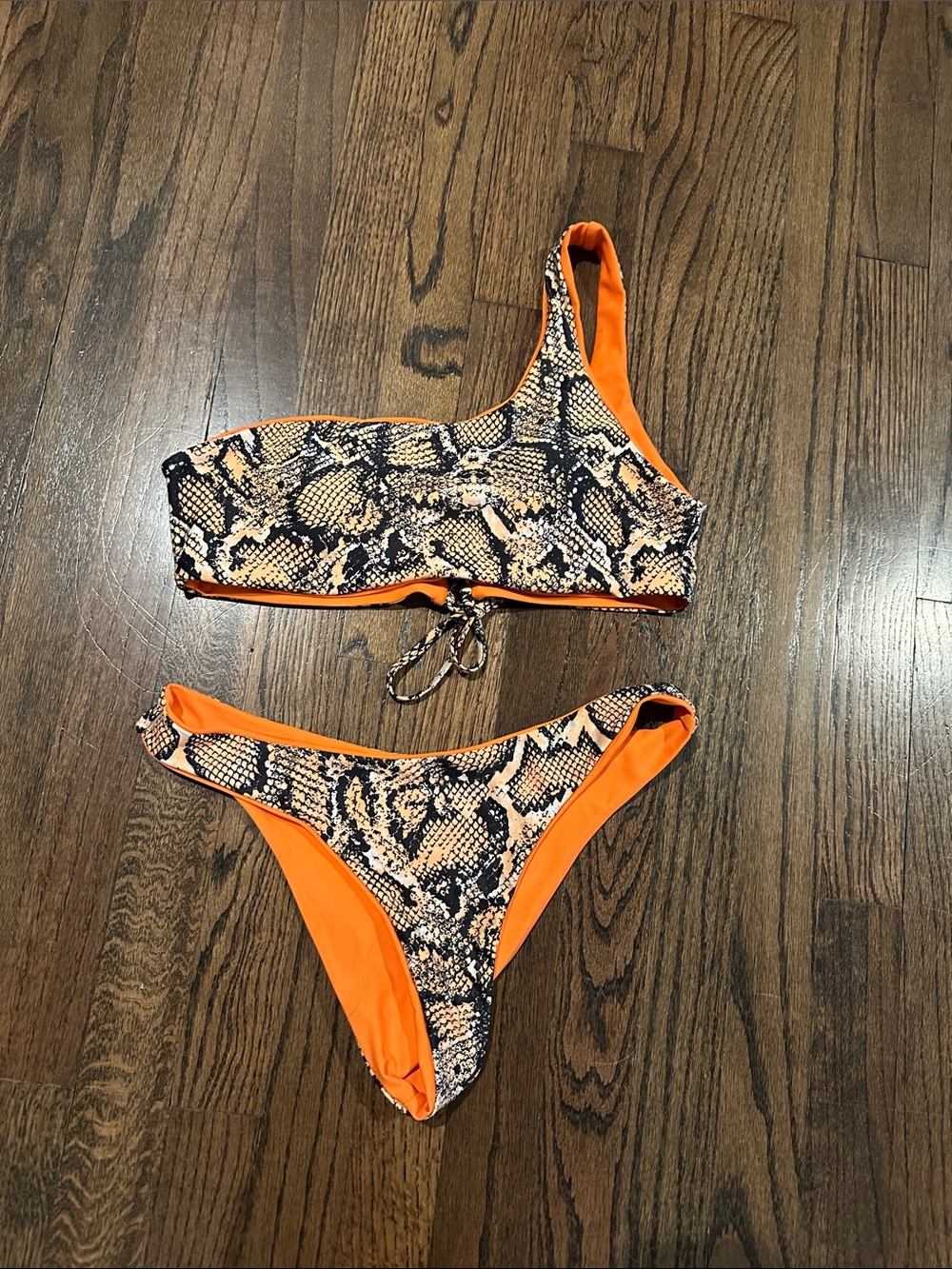 REVERSIBLE Orange Snakeskin One-Shoulder Bikini Set